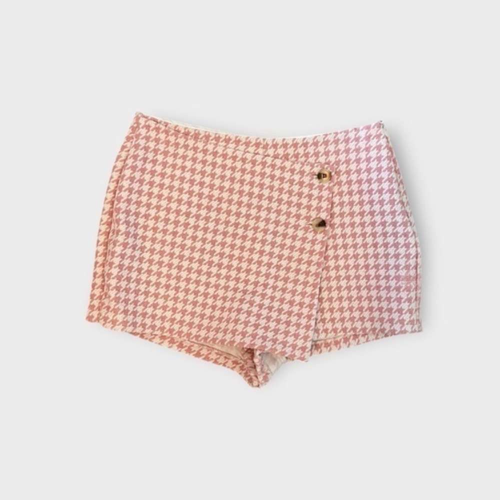Stoosh Pink White Houndstooth Wrap Skort Size L | Tweed Mini Skirt Shorts